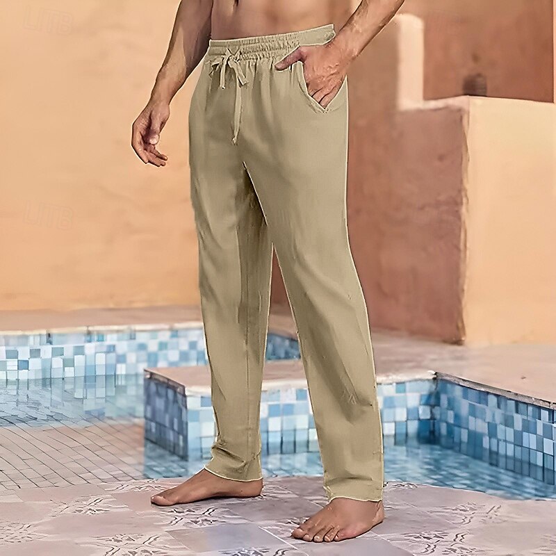 Men's Linen Pants Trousers Summer Pants Gauze Pants Elastic Waist Drawstring Straight Leg Plain Comfort Breathable Full Length Daily Holiday Swimming Pool Vacation Fashion Black White2