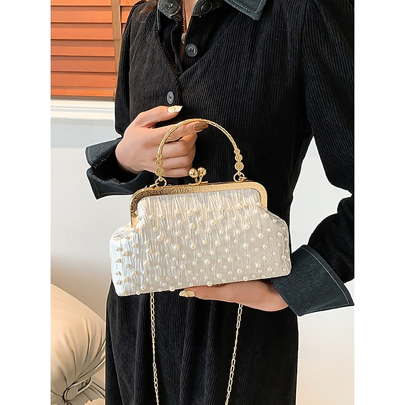 Vintage Pearl Beaded Clutch Bag – Elegant Women's Evening Handbag with Gold Frame and Chain Strap for Weddings, Parties and Formal Events Black White Khaki3