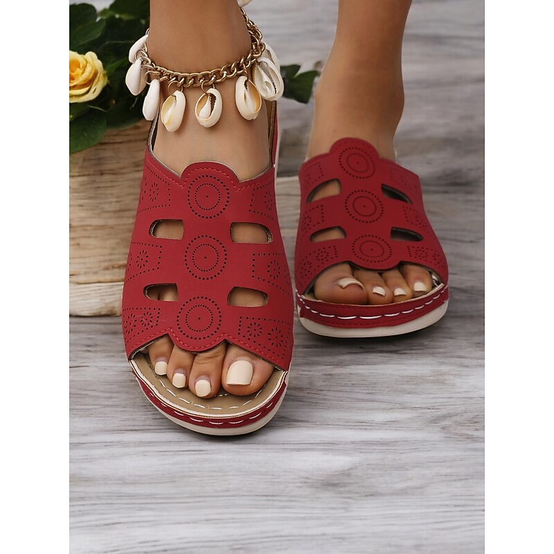 Women's Red Slip-On Sandals with Cut-Out Design, Comfortable Sole and Casual Style for Summer Wear and Daily Outings2
