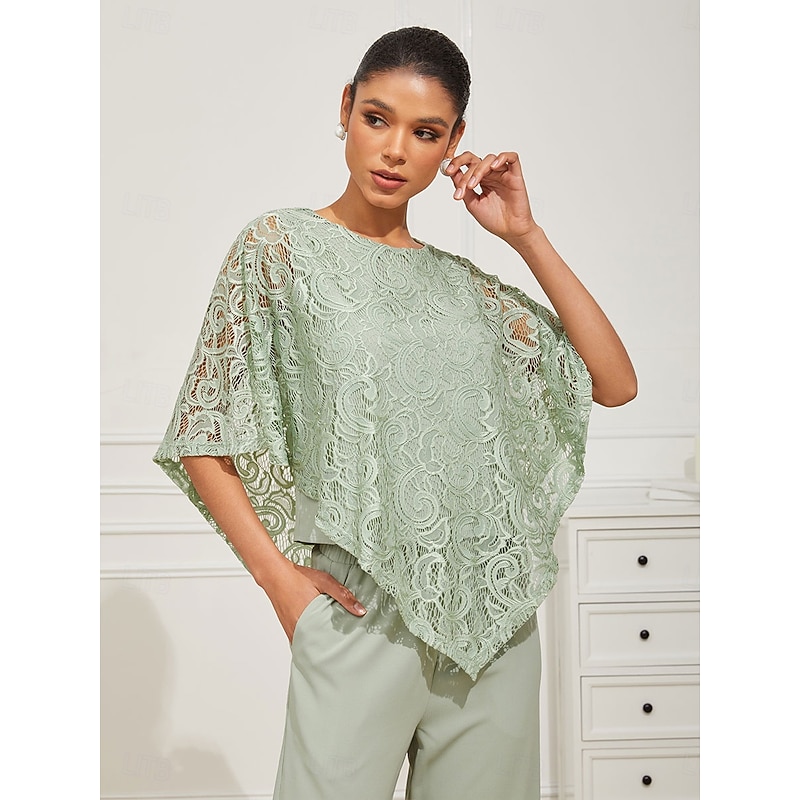 Women's Blouse Dressy Tops Plain Elegant Half Sleeve Crew Neck Regular Tops Wedding Guest Daily Lace Patchwork Layered Sage Green Summer Spring