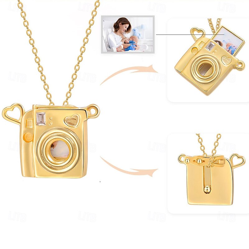 Personalized Gold Camera Necklace Custom Best Gift for Mom Wedding Gift for Couples Photo Pendant Keepsake for Lovers