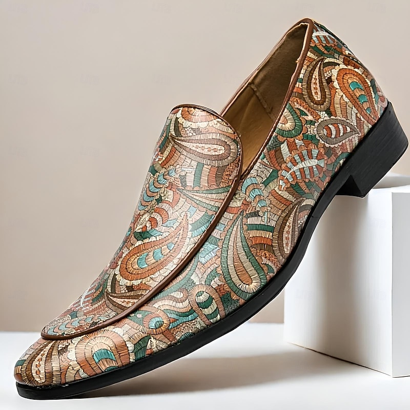 Men's Faux Leather Loafers with Colorful Paisley Pattern – Stylish Slip-On Shoes for Formal and Casual Occasions