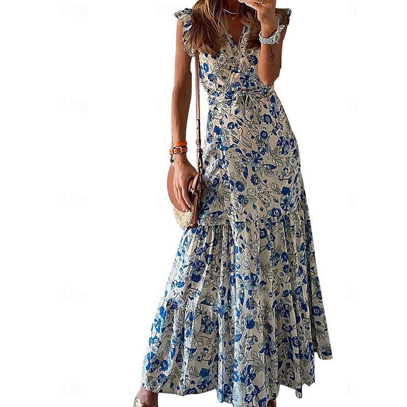 Women's Midi Dress Casual Dress Elegant Bohemia Stylish Vacation Daily Regular Fit Floral Sleeveless V Neck Blue Summer4