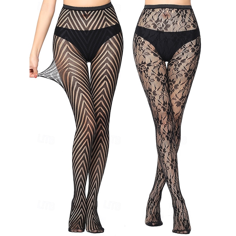 2-Pair Set Women's Lace Pattern Fishnet Tights – Chevron & Floral Design Sheer Pantyhose for Party, Clubwear and Fashion