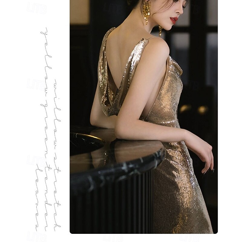 Sheath / Column Prom Dresses Glittering Dress Formal Wedding Floor Length Sleeveless Cowl Neck Polyester with Glitter3