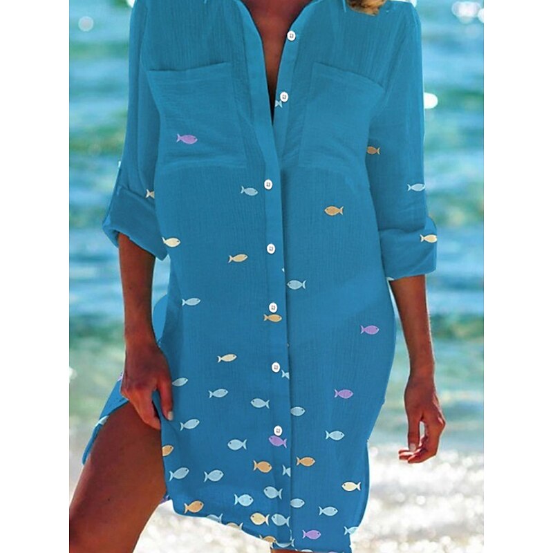 Women's Mini Dress Shirt Dress Casual Dress Shift Dress Mini Dress Outdoor Daily Date Fashion Classic Shirt Collar Pocket Print Half Sleeve Summer Spring Loose Fit Fish2