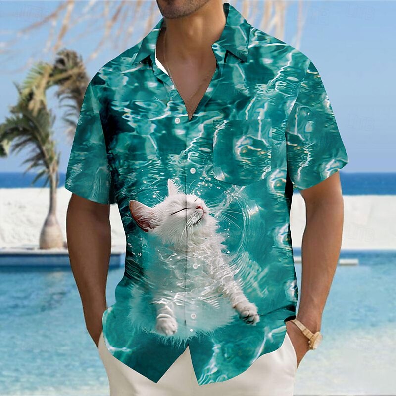 Men's Cat Optical Illusion Waves Shirt Button Up Shirt Short Sleeve Fashion Casual Vacation Holiday Beach Wear Summer Fall Turndown 3D Print Collared Shirts Front One Pocket Light Blue Blue 2# Blue4