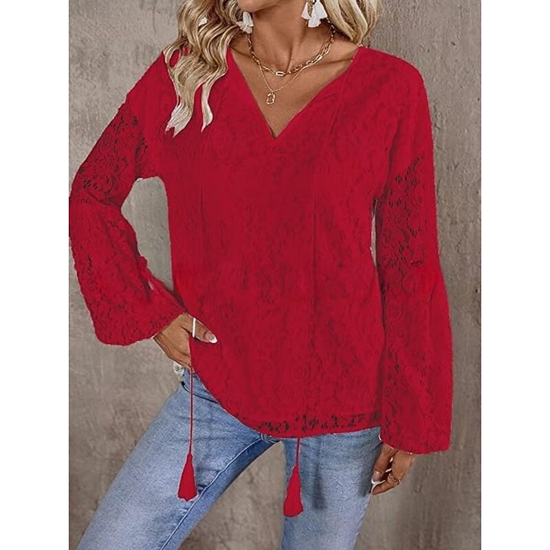 Women's White Elegant Lace Tops Eyelet Blouse Casual Solid Color Regular Tops Long Sleeve V Neck Lace Patchwork Regular Fit Daily Romantic Petite Tops Summer Holiday Wear White Red4
