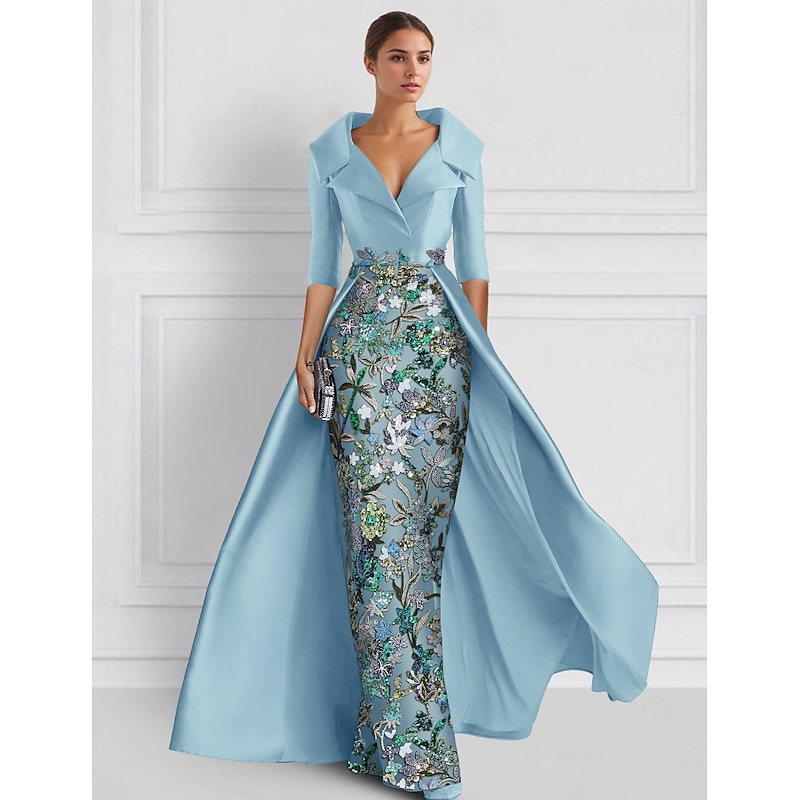 Embroidered Ball Gown A-Line Evening Gown Elegant Dress Formal Wedding Floor Length Half Sleeve Shirt Collar Satin with Slit Appliques 21