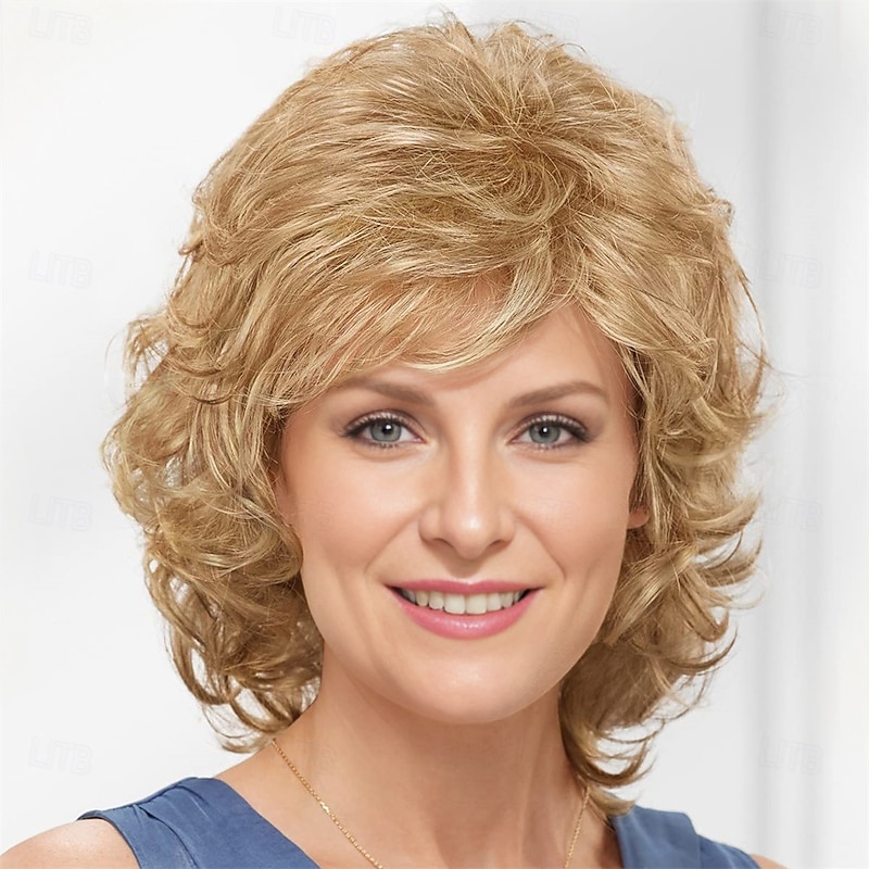 Middle Soft Wispy Layers with Sides Brushed Forward Or Back Wig For A Natural Look / Multi-tonal Shades of Blonde and Brown for White Women Fluffy Synthetic Hair3