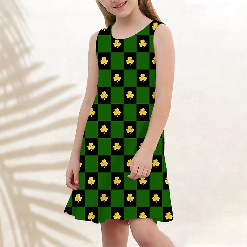 St. Patrick Girls' 3D Graphic Four Leaf Clover Dress Sleeveless Summer Spring Vacation Daily Holiday Princess Beautiful Sweet Kids 4-12 Years Casual Dress A Line Dress Knee-length Regular Fit