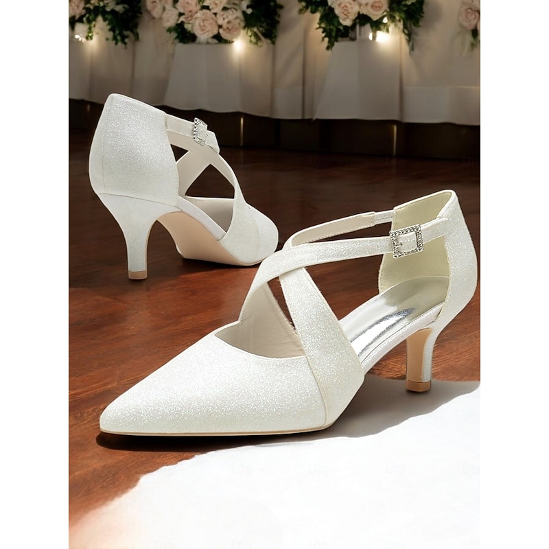 White Glitter Cross Strap Kitten Heels with Rhinestone Buckle – Elegant Women's Shoes for Formal Events