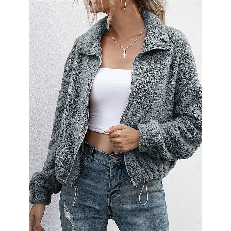 Women's Fleece Jacket Teddy Coat Warm Breathable Zipper Pocket Fleece Lined Casual Color Block Vacation Street Daily Wear Going out Zipper Turndown Regular Fit Long Sleeve Outerwear White Camel Dark 7
