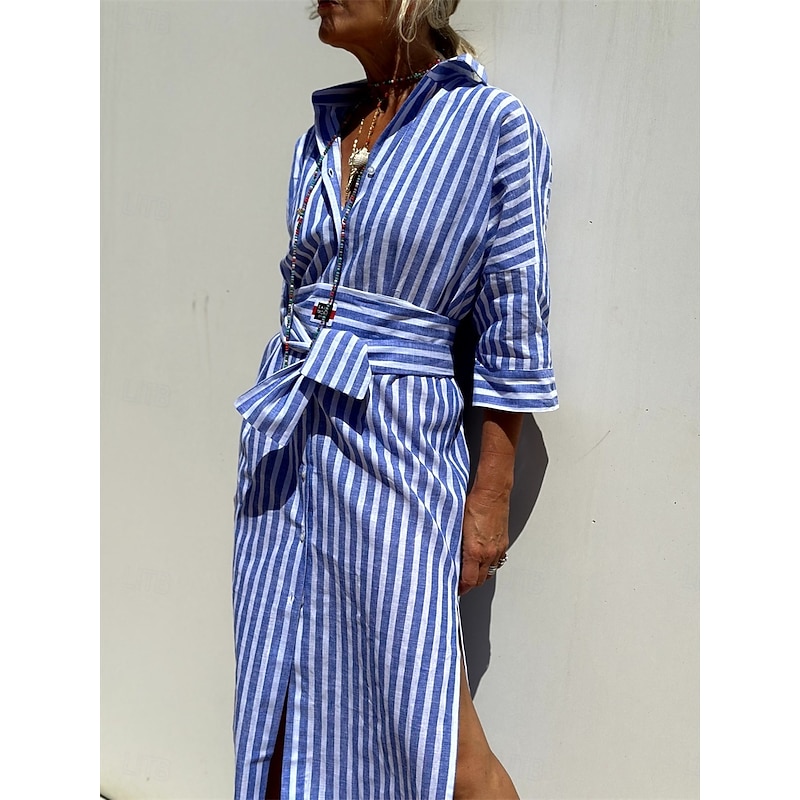 Women's Midi Dress Casual Dress A Line Dress Vintage Cute Stylish Vacation Daily Loose Fit Stripe Half Sleeve Shirt Collar Pink Blue Summer Spring Fall