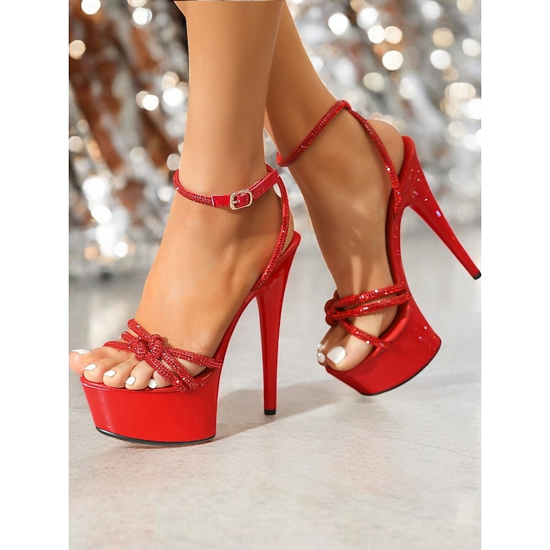 Women's Wedding Shoes Wedding Wedding Heels Wedding Sandals Bridal Shoes Rhinestone Platform Cone Heel Open Toe Fashion Sparkling Glitter Lace-up Black Silver Light Red