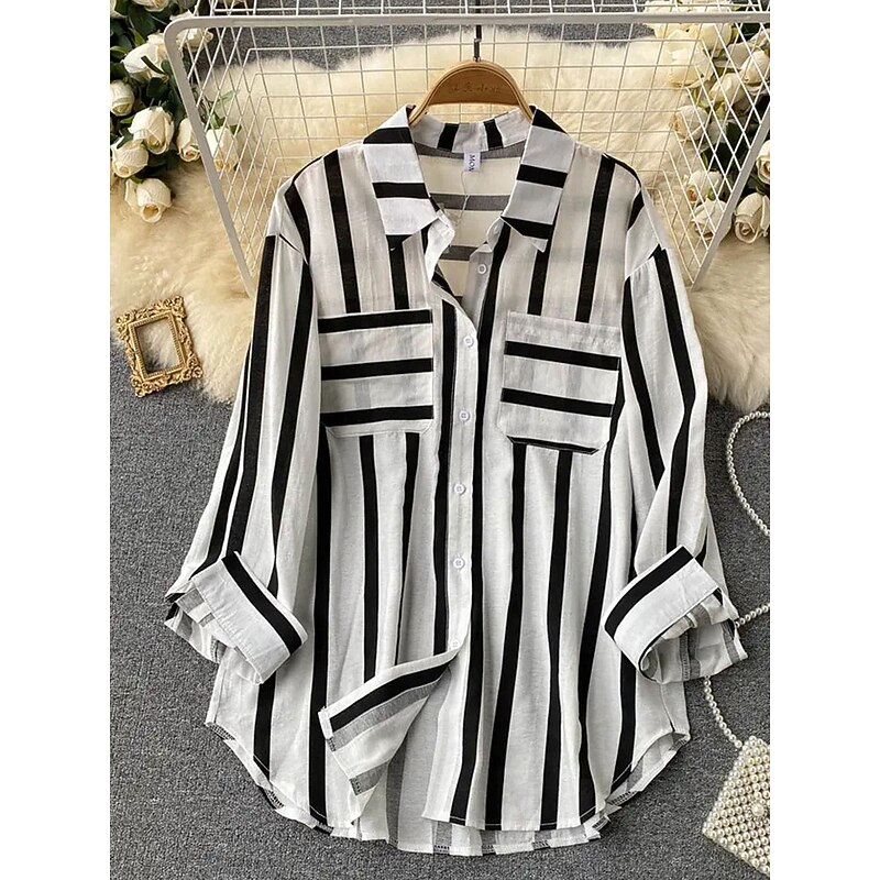 Women's Shirt Blouse Striped Stylish Casual Long Sleeve Shirt Collar Regular Tops Daily Buttons Black Yellow Red Green Summer Spring Fall