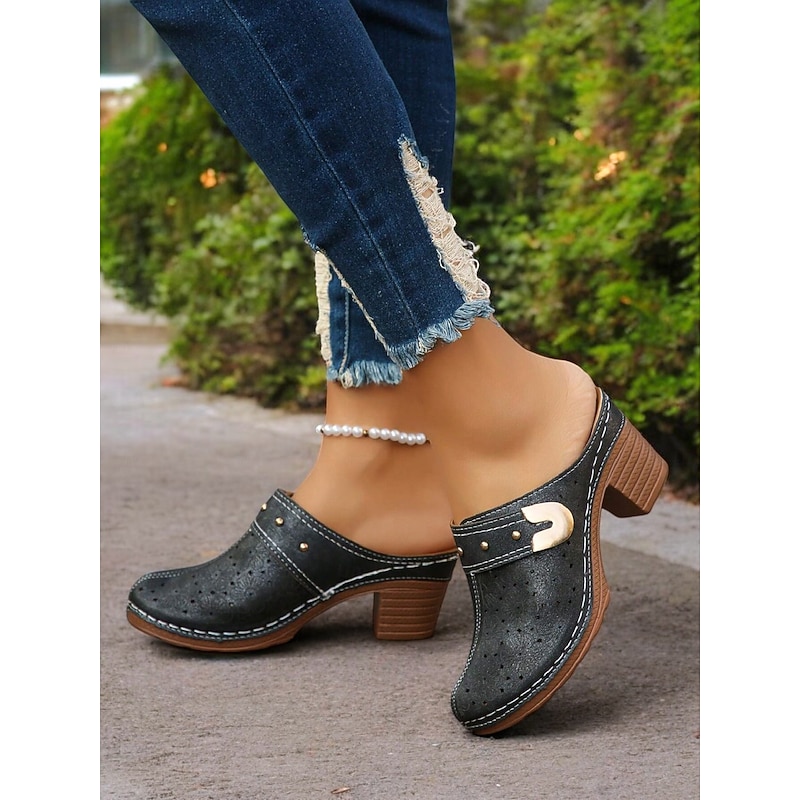 Women's Floral Perforated Mules with Block Heel and Studded Details - Comfortable Slip-On Clogs for Casual Outings and Spring Fashion3