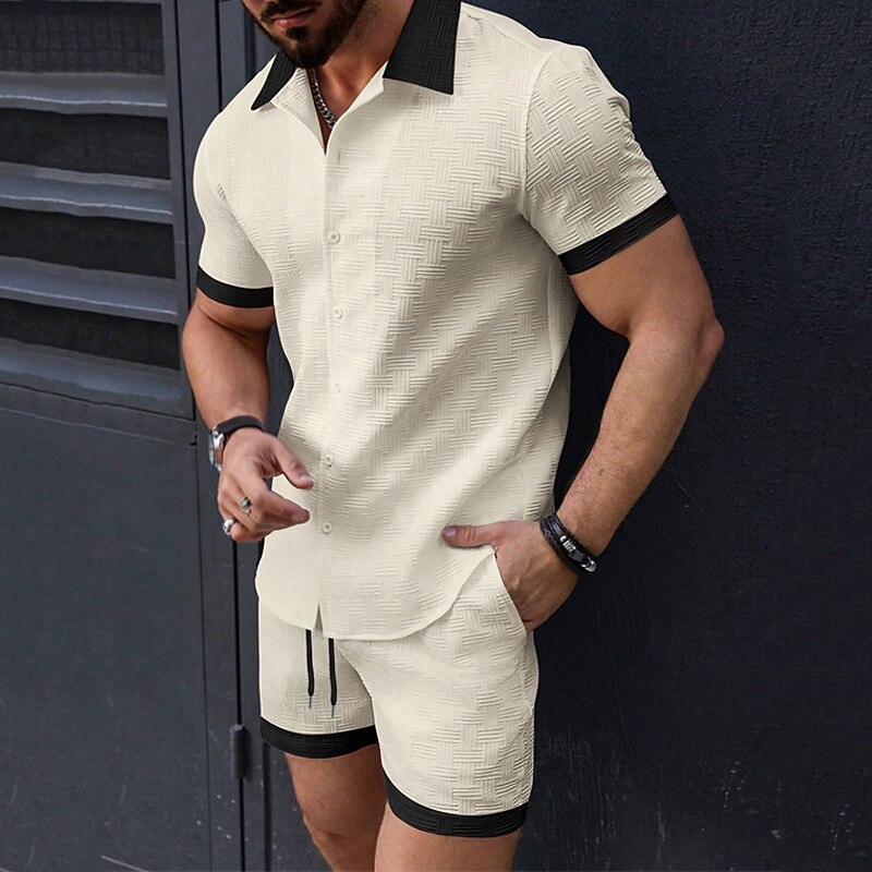 Men's T-shirt Suits 2 Pieces Outfits Tee & Shorts Short Sleeve Lapel Summer Plain Fashion Casual Patchwork 2 Piece Jacquard Vacation Daily Wear Going out Black White Pink Top Tee for Men4
