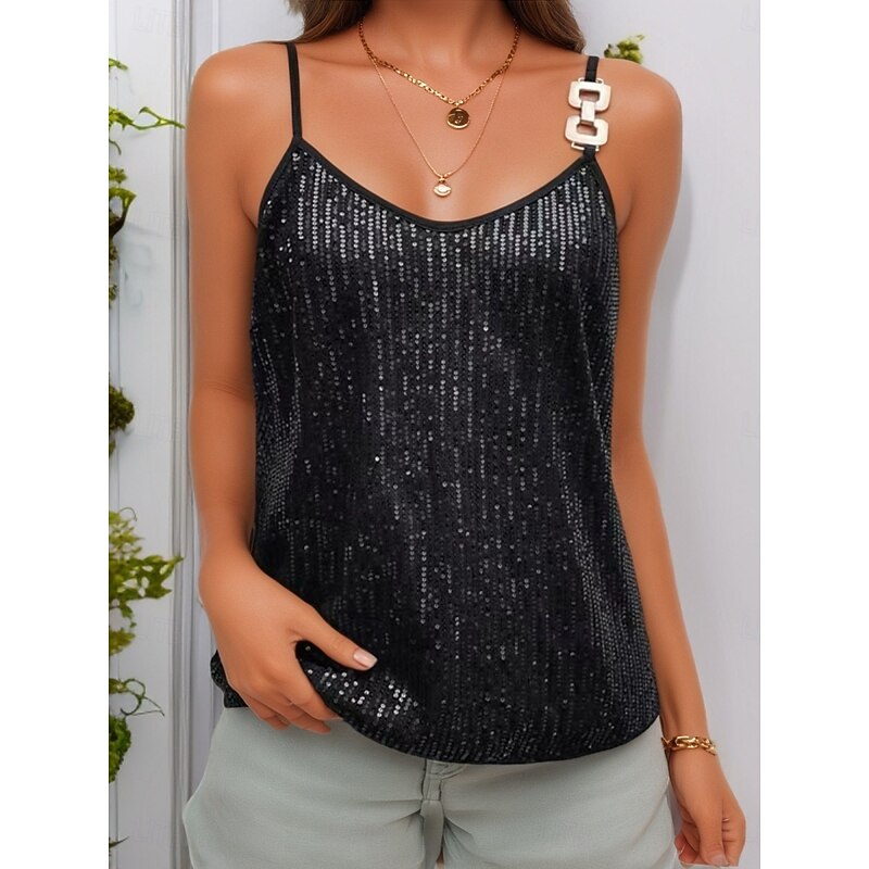 Women's Camisole Tank Top Solid Color Stylish Casual Sleeveless Strap Regular Tops Daily Sequins Backless Silver Black Beige Summer