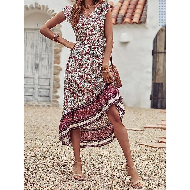 Women's Midi Dress Casual Dress A Line Dress Boho Dress Stylish Casual Vacation Daily Regular Fit Floral Short Sleeve V Neck Burgundy Summer3