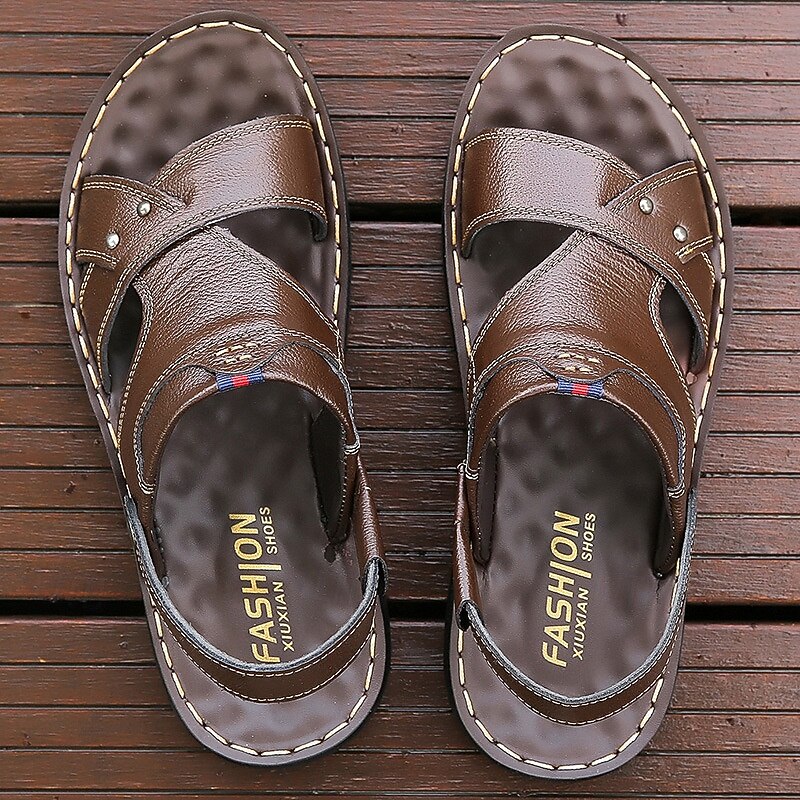 Men's Brown Faux Leather Sandals - Comfortable Open-Toe Summer Footwear with Adjustable Straps for Casual and Outdoor Use2