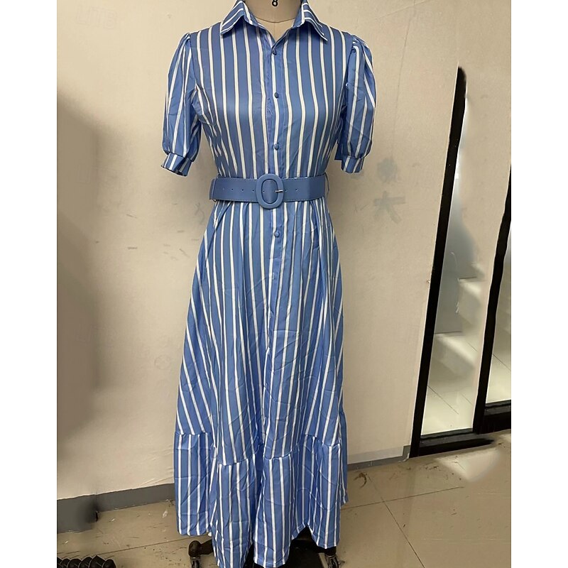 Women's Long Dress Maxi Dress Shirt Dress Casual Dress Summer Dress Stylish Casual Vacation Daily Date Regular Fit Stripe Short Sleeve Lapel White Blue Summer Spring4