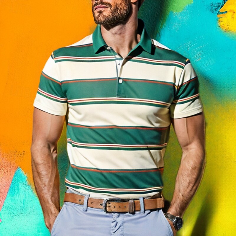 Men's Stripes Rugby Polo Shirts Short Sleeve Polo Shirts Lapel 3D Print Modern Comfortable Work Casual Sports Holiday Buttons Summer Spring Red Green2