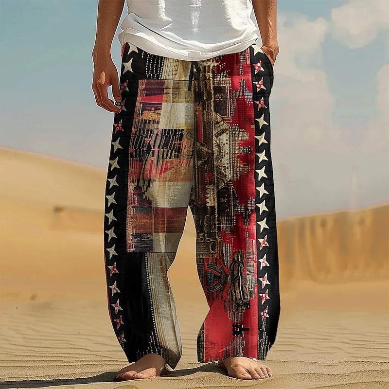 Men's Color Block Patchwork Stars Trousers Casual Pants Drawstring Elastic Waist Hawaiian Ethnic Vintage Retro Outdoor Vacation Holiday Side Pockets Straight Leg Trousers Summer Spring Fall 3D Print