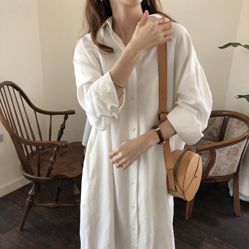 Women's Long Dress Maxi Dress Linen-Inspired Dresses Shirt Dress Casual Dress Stylish Casual Vacation Daily Date Regular Fit Plain Long Sleeve Lapel White Pink Navy Blue Khaki Summer Spring4