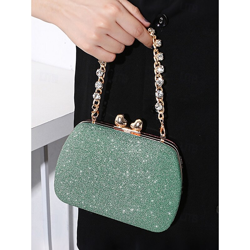 Women's Green Sage Glitter Evening Clutch with Rhinestone Chain – Elegant Handbag for Weddings, Parties and Formal Events Color Silver Black Pink2