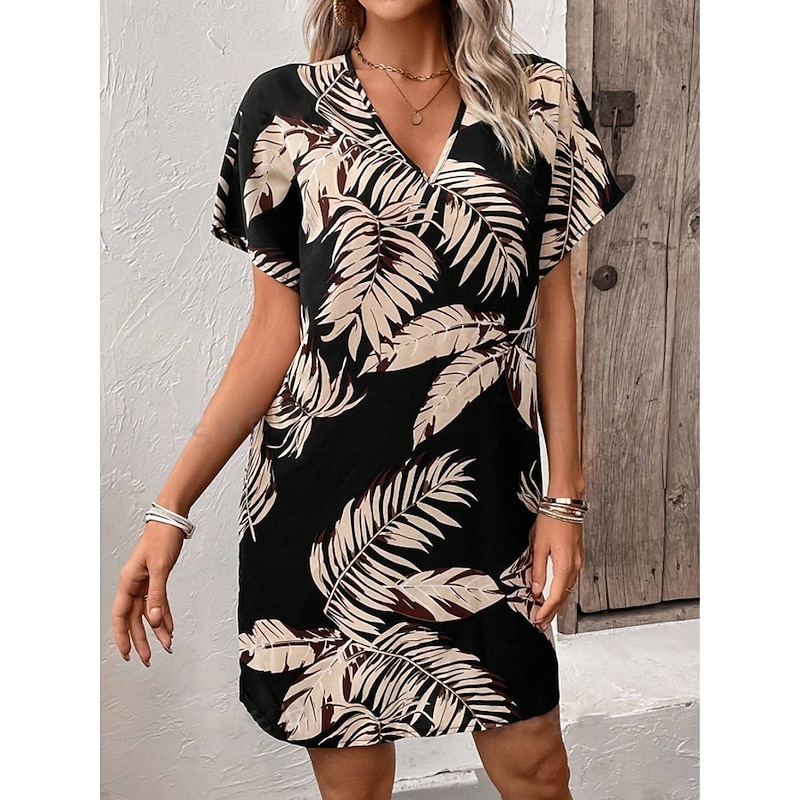 Women's Mini Dress Casual Dress T Shirt Dress Tee Dress Stylish Casual Vacation Daily Regular Fit Leaf Short Sleeve V Neck Black Summer