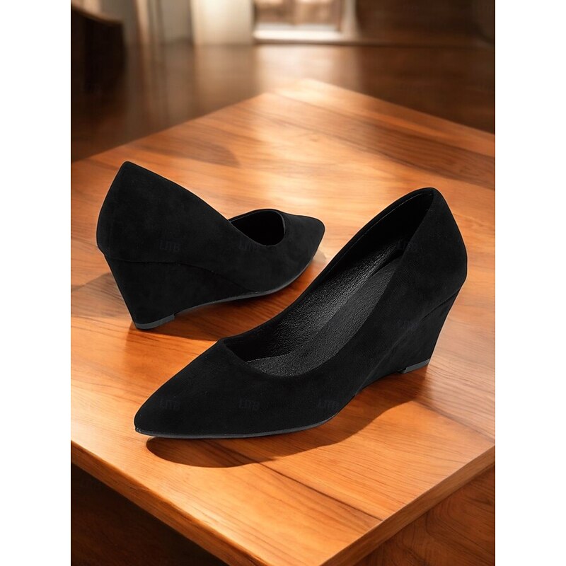 Women's Black Faux Suede Pointed Toe Wedge Pumps - Elegant and Comfortable Shoes for Office Wear and Formal Events3