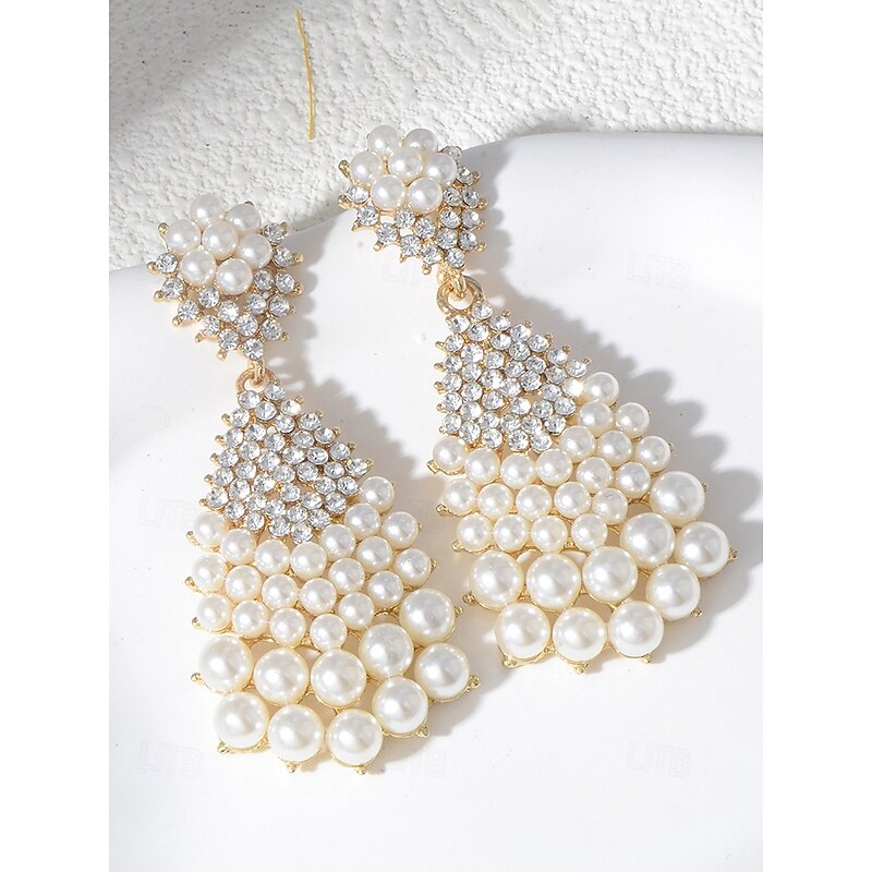 Elegant Faux Pearl and Rhinestone Drop Earrings – Vintage Style, Gold-Plated, Perfect for Weddings and Formal Occasions3