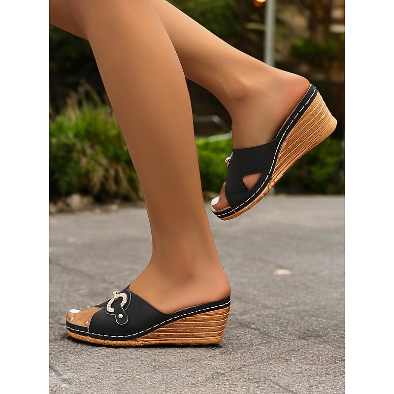 Blue Open-Toe Wedge Sandals for Women - Comfortable Slip-On Shoes with Rhinestone and Faux Pearl Accents3