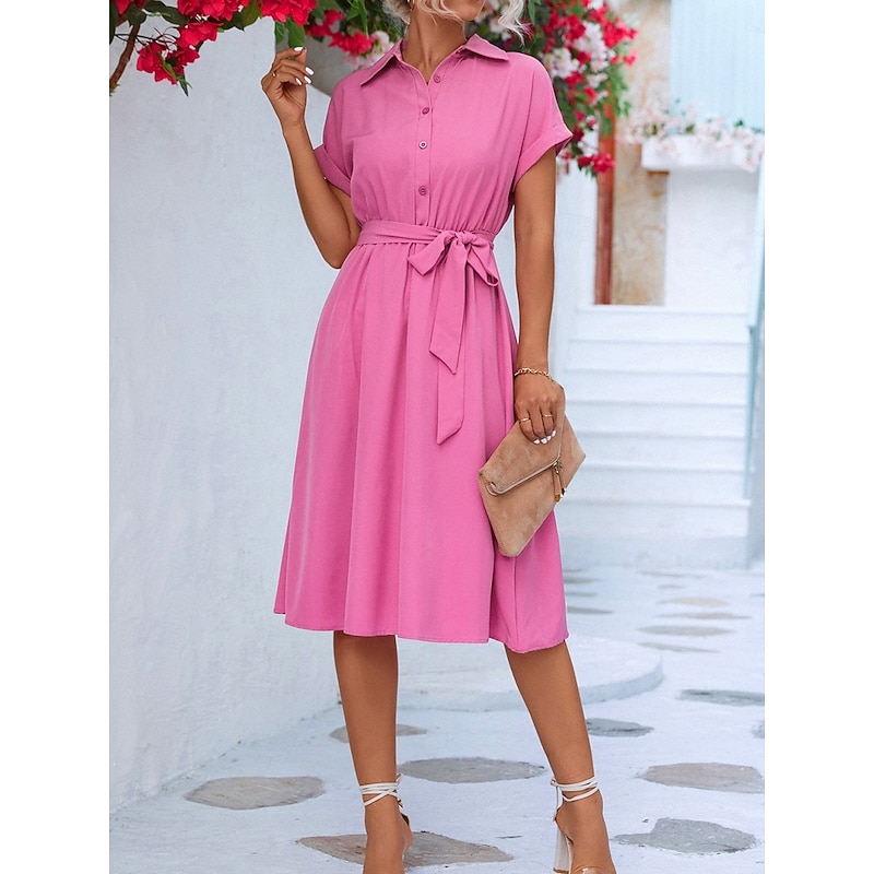 Women's Midi Dress Shirt Dress Casual Dress A Line Dress Stylish Formal Work Daily Regular Fit Plain Short Sleeve Shirt Collar Pink Green Summer Spring4