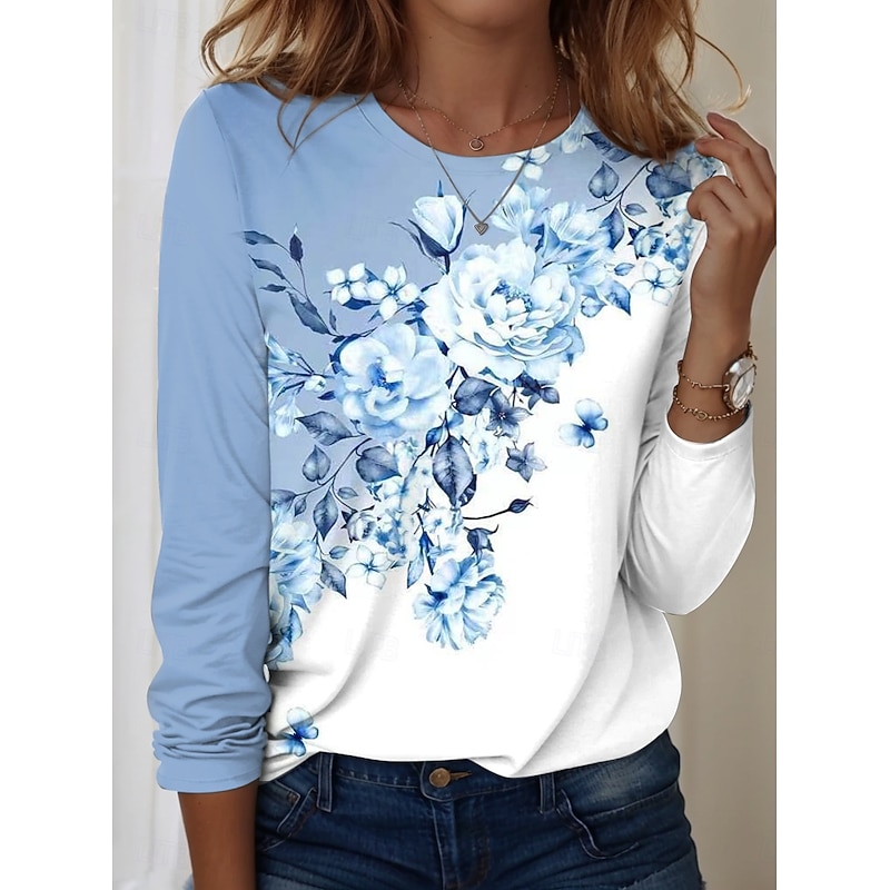 Women's T shirt Long Sleeve Crew Neck Long Sleeve Tunic Floral Graphic Casual Regular Tops Daily Print Sky Blue Spring Fall Prefall