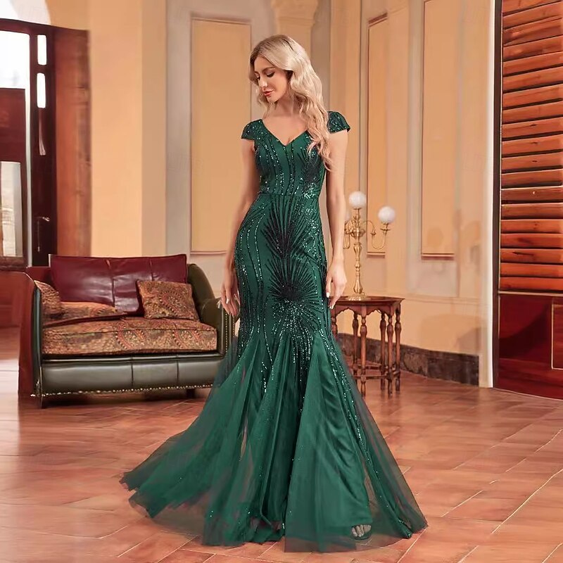 Mermaid / Trumpet Evening Gown Glittering Dress Formal Wedding Floor Length Short Sleeve V Neck Tulle with Rhinestone Glitter2
