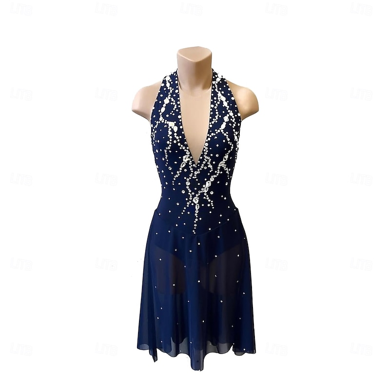 Figure Skating Dress Women's Girls' Ice Skating Dress Dark Navy Thumbhole Halo Dyeing High Elasticity Professional Competition Skating Wear Crystal / Rhinestone Sleeveless  Ice Skating Figure Skating2