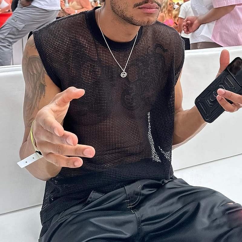 Men's Tank Top Undershirt Sleeveless Shirt Sleeveless Crewneck Summer Plain Fashion Sexy Muscle Hollow Out Outdoor Going out Gym Black Top Tee for Men2