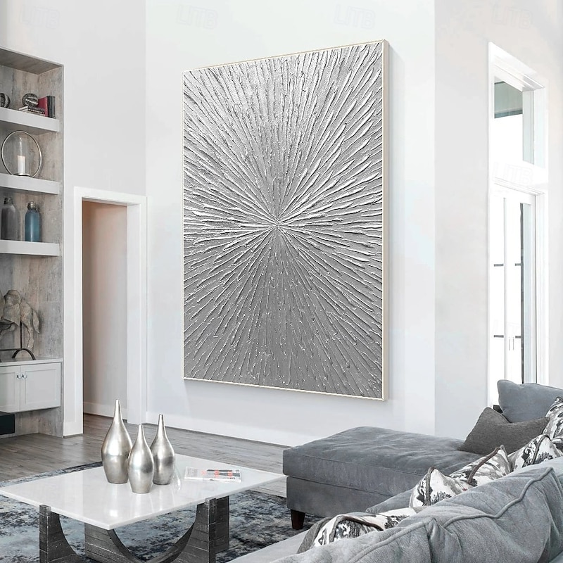 Silver Rays Abstract Thick Textured Original Oil Painting Living Room Wall Art Decor Vertical Wall Art Silver Minimalist Painting on Canvas4
