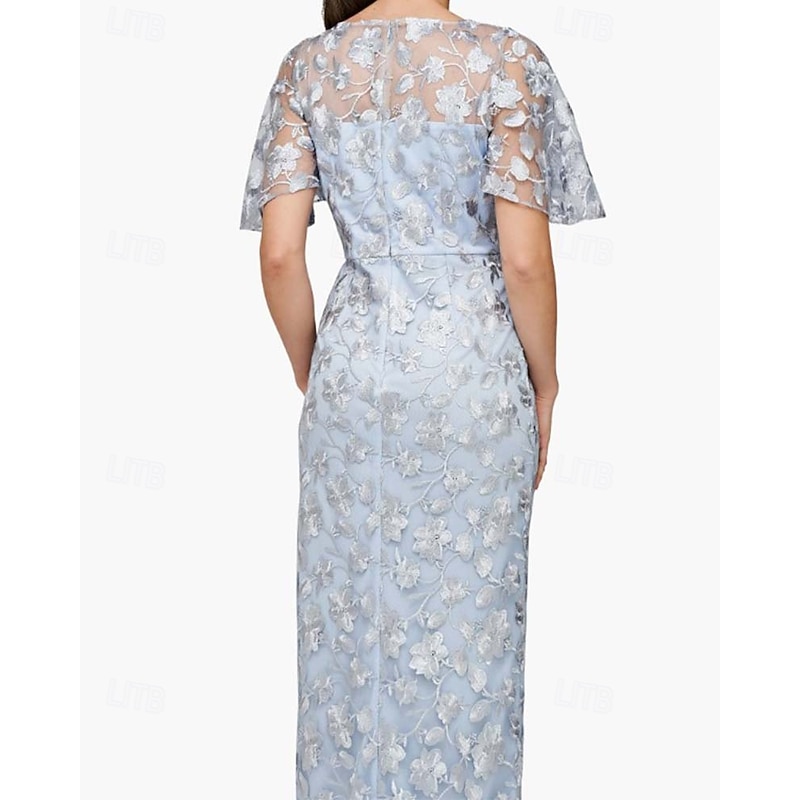 Sheath / Column Mother of the Bride Dress Elegant Luxurious Boat Neck Floor Length Floral Lace Appliques Short Sleeve with Slit2