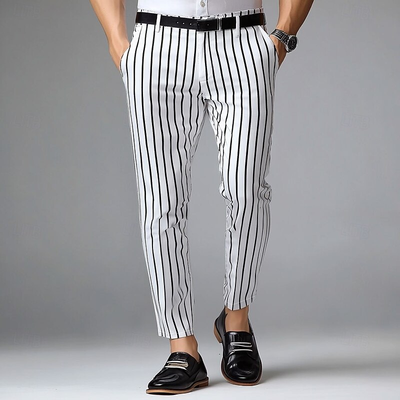 Men's Geometric Striped Dress Pants Trousers Mid Waist Business Casual Outdoor Vacation Streetwear with Pockets Slim Fit Flat-Front Summer Spring Fall 3D Print Black khaki2