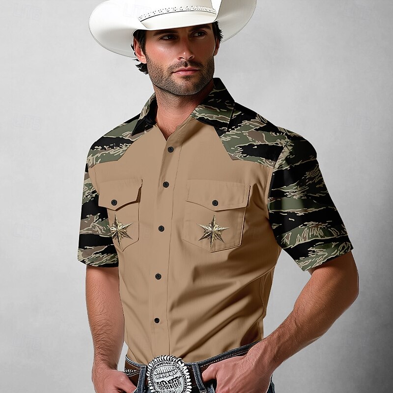 Men's Camouflage Stars Western Shirt Button Up Shirt Cowboy Shirt Long Sleeve Western Vintage Retro Outdoor Casual Spring Fall Turndown Collared Shirts Front Two Pockets Black Green Khaki3