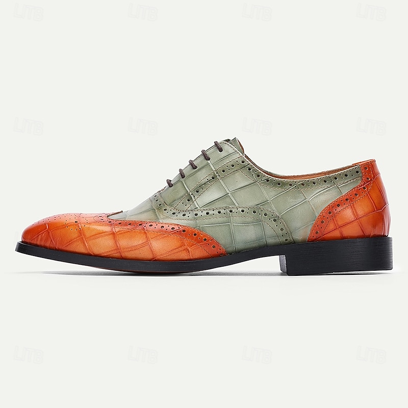 Men's Green and Orange Wingtip Oxford Shoes – Premium Cowhide Leather, Crocodile Embossed Pattern, Brogue Detailing, Elegant Formal Footwear for Weddings and Business Events3