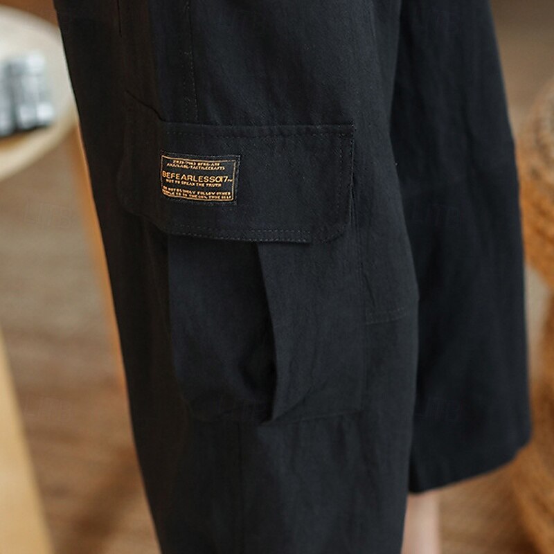 Men's Capri Cargo Shorts Linen Shorts Summer Shorts Beach Shorts Drawstring Elastic Waist Multi Pocket Plain Comfort Breathable Knee Length Yoga Holiday Beach Vacation Fashion Black Navy Blue4