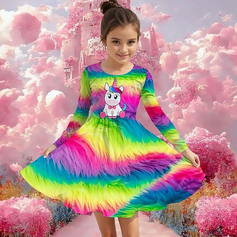 Girls' 3D Graphic Unicorn Dress Long Sleeve Summer Spring Vacation Daily Holiday Princess Beautiful Sweet Kids 4-12 Years Casual Dress A Line Dress Knee-length Regular Fit2