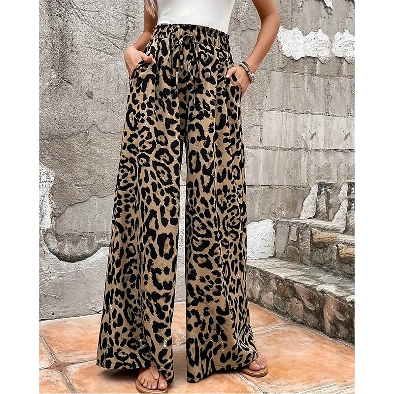 Women's Wide Leg Pants Trousers Lightweight Casual Full Length Mid Rise Leopard Pocket Drawstring Breathability Comfortable Inelastic Home Casual Daily sepia Summer Spring Regular Fit2