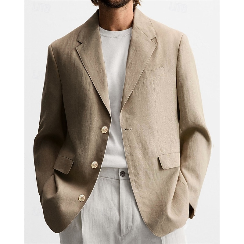 Men's Graduation Blazer Business Cocktail Party Wedding Party Fashion Casual Spring Autumn / Fall Linen Solid Color Pocket Buttons Comfortable Single Breasted Blazer Black Brown khaki Army Green