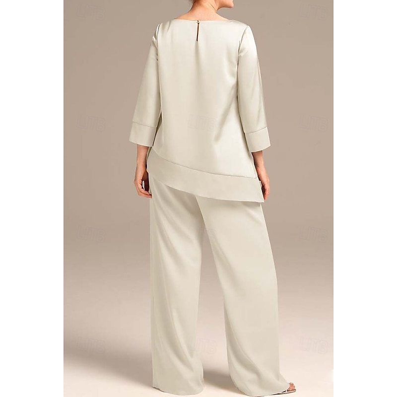 Pantsuit Mother of the Bride  Elegant Simple Minimalist Boat Neck Floor Length Satin 3/4 Length Sleeve Wrap Included with Solid Color2