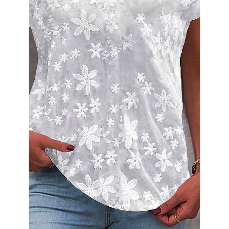 Women's Shirt Blouse Solid Color Stylish Casual Short Sleeve Notched Neck Regular Tops Daily Lace Patchwork Buttons Black White Blue Khaki Summer3